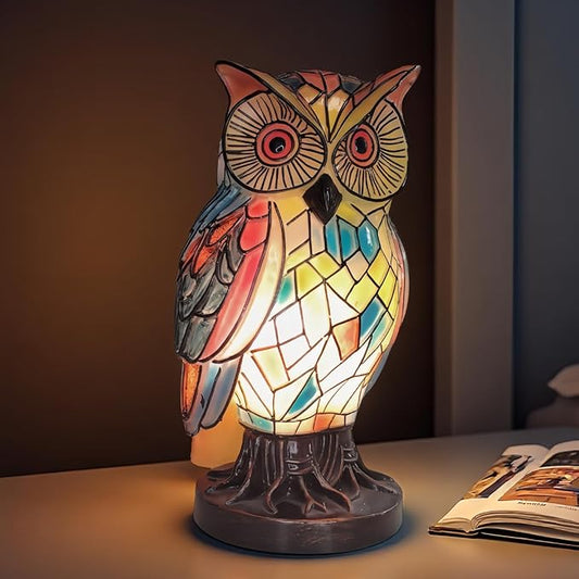 Tiffany Style Owl Table Lamps - Hand-Drawn Vintage Resin Colorful Tiffany Owl Lamp for Bedroom Living Room Nursery Office, Whimsical Animal Desk Lamp, Unique Gift for Mom. - Bloomnest