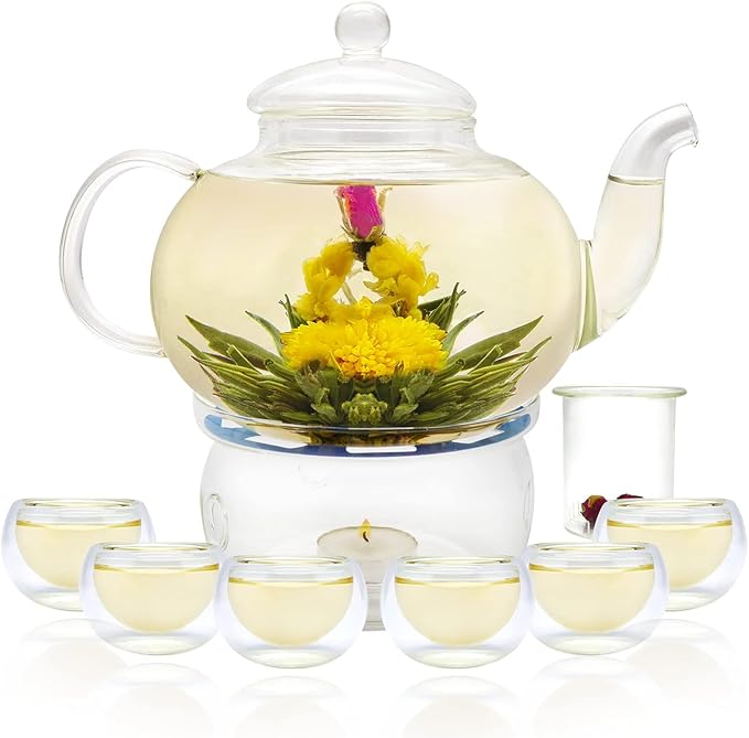 Glass Teapot Set, 27OZ/800ML Stovetop Safe Glass Tea Kettle with 6 Small Double Wall Tea Cups & Loose Tea Infuser & Tea Warmer, Microwave & Dishwasher Safe Tea Maker, Blooming Tea Gift Set - Bloomnest
