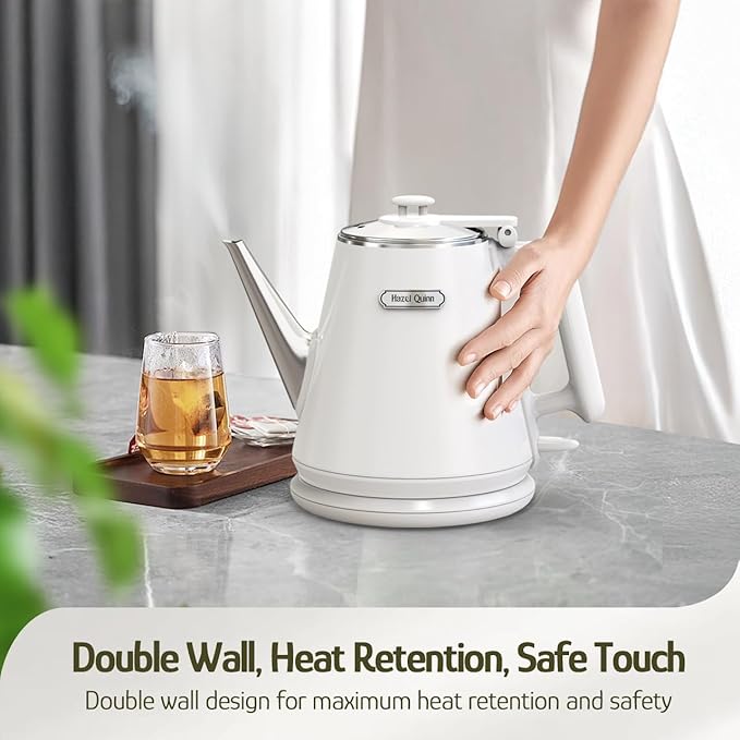 Hazel Quinn Electric Kettle - 1L/34oz Small Tea Kettle, 800W Fast Boil, All 304 Stainless Steel Interior, Double Wall for Cool Touch and Thermal, Auto Shut-Off, BPA-Free, Cordless - Pearl White - Bloomnest