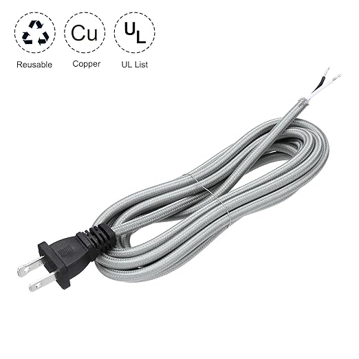 uxcell 8Ft 18/2 Cloth Covered Lamp Cord with Plug, Vintage Electrical Lamp Cord with Stripped Ends for Extension Wiring DIY Repairing, Silver