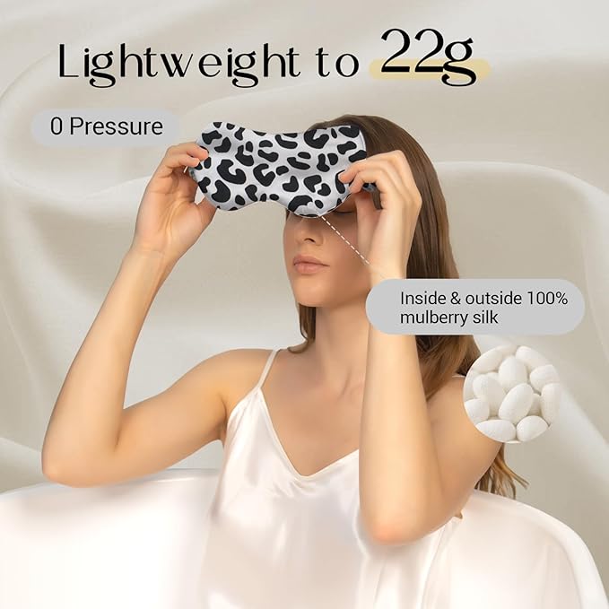 ZIMASILK Adjustable 100% 22 Momme Mulberry Silk Sleep Mask for Sleeping, Filled with Premium Mulberry Silk, Softest & Breathable Eye Sleeping Mask (Leopard - Black White) - Bloomnest