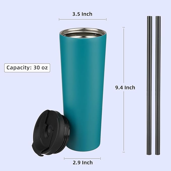 30 OZ Insulated Tumbler with Lid and 2 Straws Stainless Steel Water Bottle Vacuum Travel Mug Coffee Cup,Blue - Bloomnest