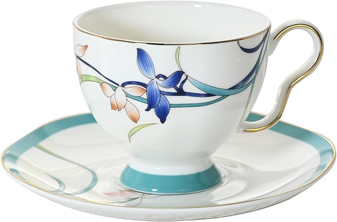 ACMLIFE Tea Cups and Saucers for 1, Bone China Teacup Set for Adults with Gold Trim and Gift Box, Blue and White Chinese English British Wedding Tea Set for One Coffee Cup Set 6.8 oz (Blue-Bamboo) - Bloomnest