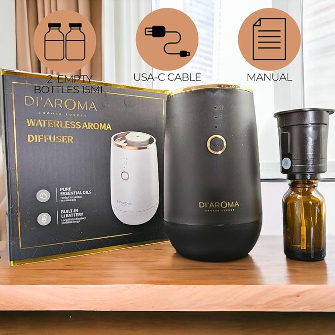 Waterless Essential Oil Diffuser – Portable Nebulizing Aroma Oil Diffuser for Car, Home & Office, USB Rechargeable, Silent Operation, No Water Needed, Di'Aroma (White) - Bloomnest
