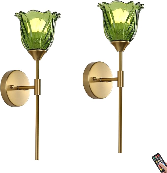 2 Pack Battery Operated Wall Sconce with Green Glass Lampshade, Mid Century Bathroom Vanity, Wireless Rechargeable RGB Wall Light with Remote Control, for Bedroom Mirror Living Room - Bloomnest