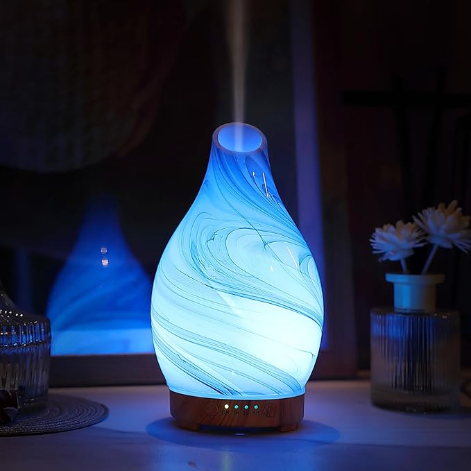 Essential Oil Diffuser, Art Glass Ultrasonic Aromatherapy Diffuser for Home 160ml with Intermittent Mist & LED 7 Colorful Changing Night Light for Bedroom-Ink Dyeing Time - Bloomnest