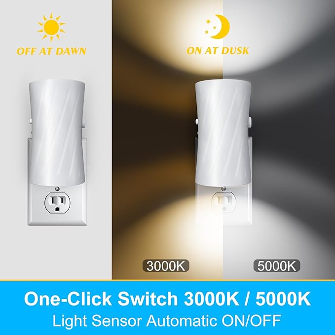 Led Night Lights Plug into Wall, 3000K/5000K Switchable, 2 Pack, Plug in Night Light, 0-100LM Dimmable Night Light, Modern Nightlights, Dusk To Dawn Sensor for Bedroom Bathroom Kitchen Stairs - Bloomnest