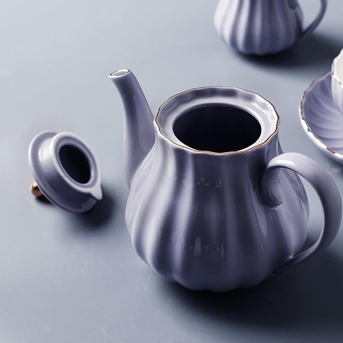 Porcelain Tea Sets British Royal Series, 8 OZ Cups& Saucer Service for 6, with Teapot Sugar Bowl Cream Pitcher Teaspoons and tea strainer for Tea/Coffee, Pukka Home(purple) - Bloomnest