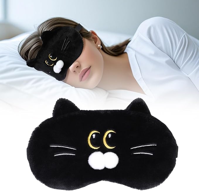 Cute Sleep Eye Masks for Kids, Kawaii Cartoon Kids Sleeping Mask for Women Boys Girls Teens, Soft Plush Adjustable Eyeshade Silk Travel Nap Eye Cover, Black Cat - Bloomnest