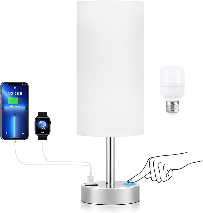 White Bedside Touch Table Lamps for Bedroom Nightstand with USB-C USB-A Charging Ports White, 3 Way Dimmable Control Small Lamp Silver Base for Office, Living Room, Reading - Bloomnest
