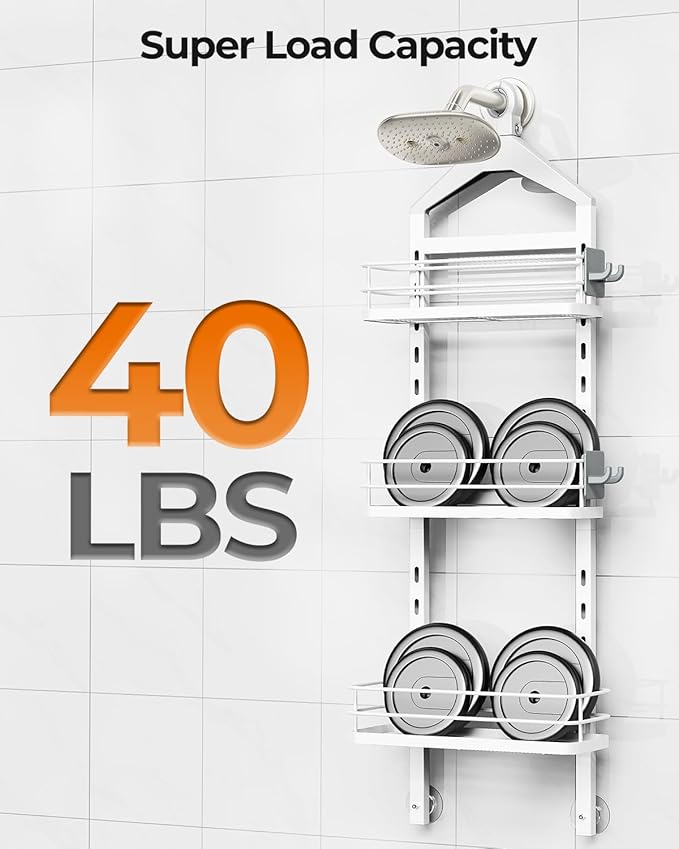 ODesign 3 Tier Height-Adjustable Shower Caddy Hanging Anti-Swing-Over The Shower Head Caddy-Storage Organizer Bathroom Shelves Basket - White - Bloomnest