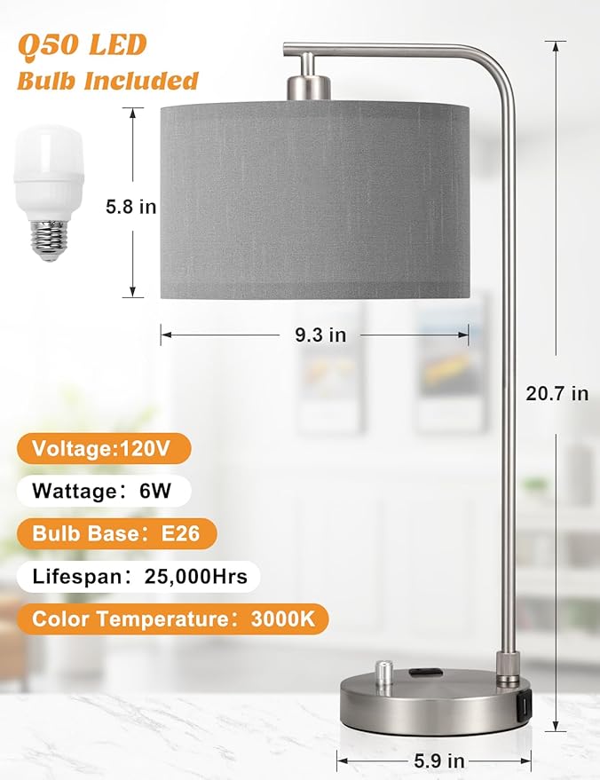 Gray Side Table Lamp with USB Port and Outlet, Dimmable Nightstand Bedside Lamps with Linen Lampshade, Desk Lamp for Bedroom, Living Room, Guest Room, Home Office, LED Bulb Included - Bloomnest