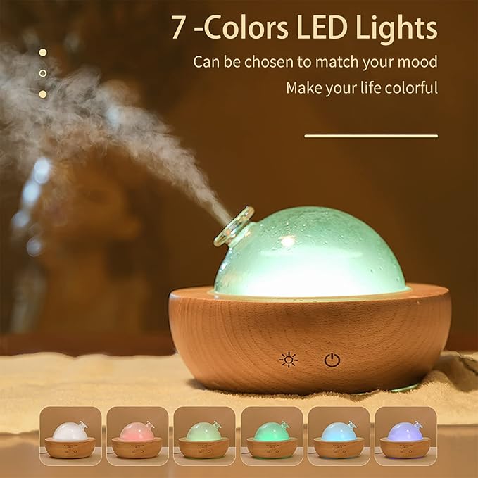 Glass Essential Oil Diffuser with Real Wood Base, 180ml Aromatherapy Diffuser with 2 Mist Modes, 7 Colors LED Light Ultrasonic Cool Mist Humidifier for Home and Office Bloomnest