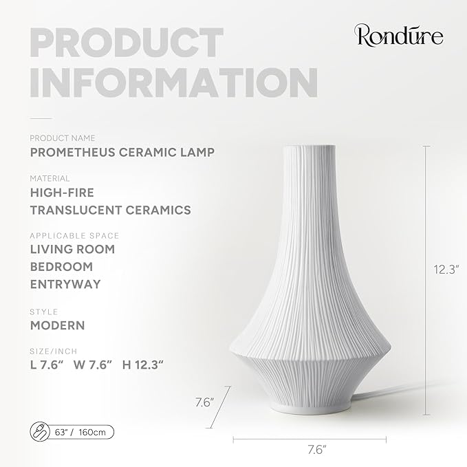 RONDURE 12.3" Modern Ceramic Table Lamp, Modern Bedside Lamps for Bedroom, Living Room and Nightstand, White Translucent Ceramic Shade, Warm Ambient Lighting, Home Decor - Bloomnest