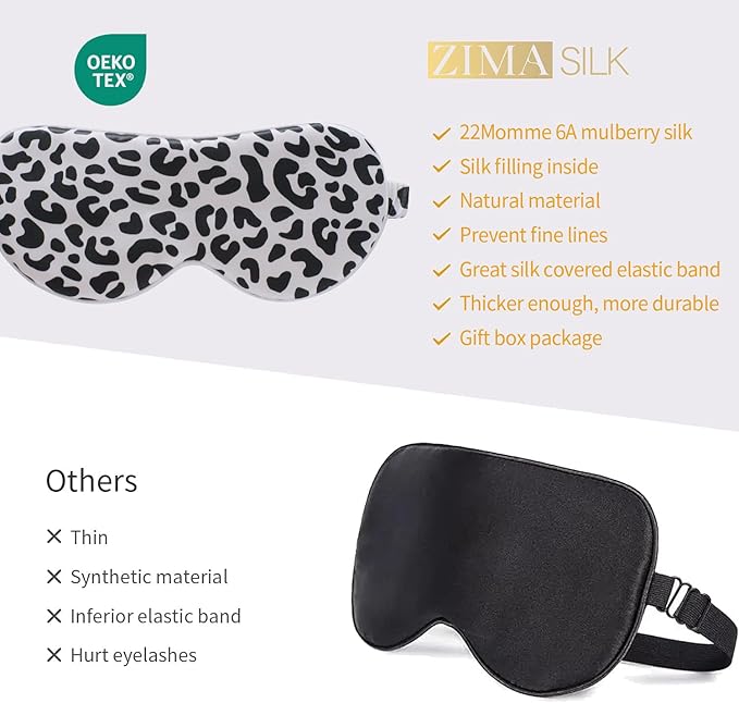 ZIMASILK Adjustable 100% 22 Momme Mulberry Silk Sleep Mask for Sleeping, Filled with Premium Mulberry Silk, Softest & Breathable Eye Sleeping Mask (Leopard - Black White) - Bloomnest