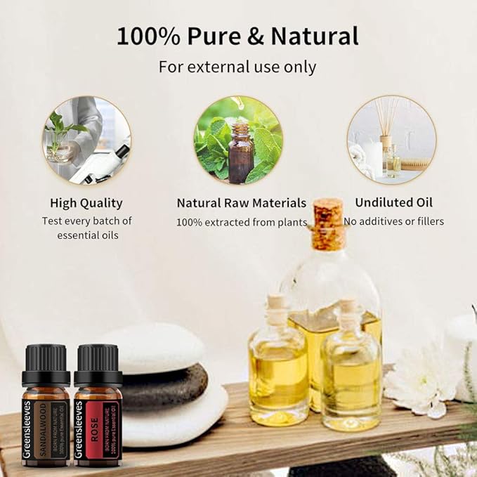 GREENSLEEVES Rose Sandalwood Essential Oil Set, 2 x 10ml Pure Plant-Based Fragrance Oil for Aromatherapy, Essential Oils for Diffuser, Massage, Bath Bomb, Scented Candle Soap Making GREENSLEEVES