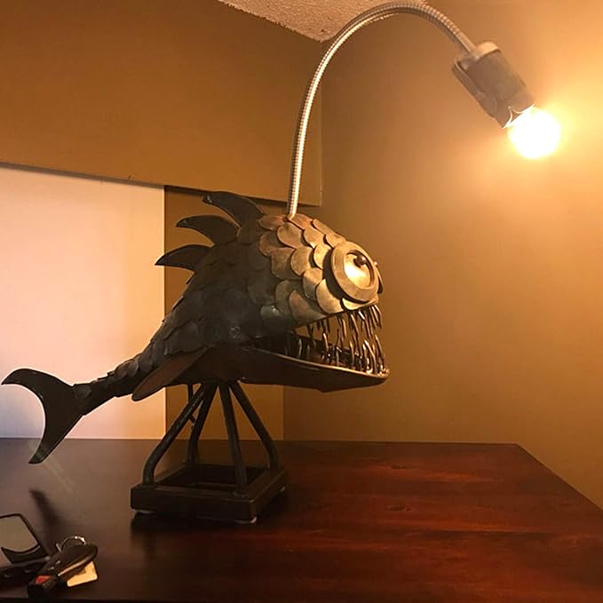 CAFELE Rustic USB Angler Fish Night Light, Steampunk Style Table Lamp with Simulation Flame LED Bulbs, Handmade Industrial Creative Decor for Home/Office - Bloomnest