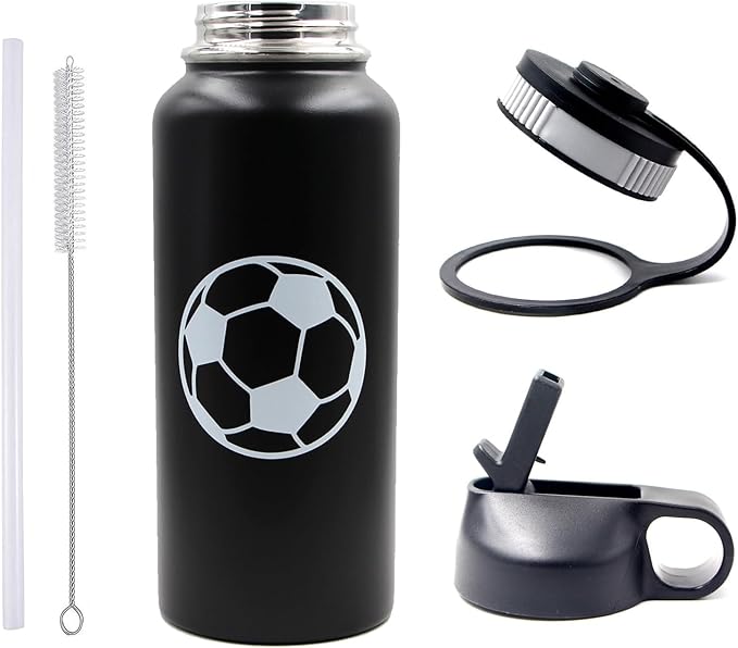 32 oz Soccer Water Bottle with Straw, Wide Mouth Sports Flask Metal Travel Tumbler with 2 Lids, Stainless Steel Double Wall Vacuum Insulated Leakproof Thermo Water Bottles, Soccer Gifts for Boys Girls - Bloomnest