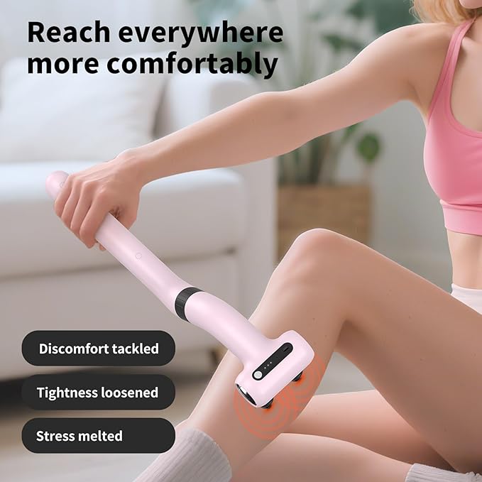 Dual-Head Massage Gun Deep Tissue with Extension Handle, 3-in-1 Detachable Handheld Percussion Back Massager for Muscle Neck Shoulder Body Pain Relief - 6 Speeds Levels (Glossy Pink) - Bloomnest