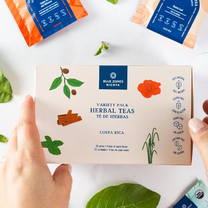 Blue Zones Nicoya - Herbal Tea Sampler Gift Set Box - 10 Lippia Alba & Hibiscus, 10 Chan & Lemon Grass, 10 Burbark & Spearmint, 10 Guava Leaves, 10 Maya Nut & Cinnamon, 10 Green Tea, 10 Black Tea, 10 Chamomile Tea Bags -100% Natural, Organic, and Refre... - Bloomnest