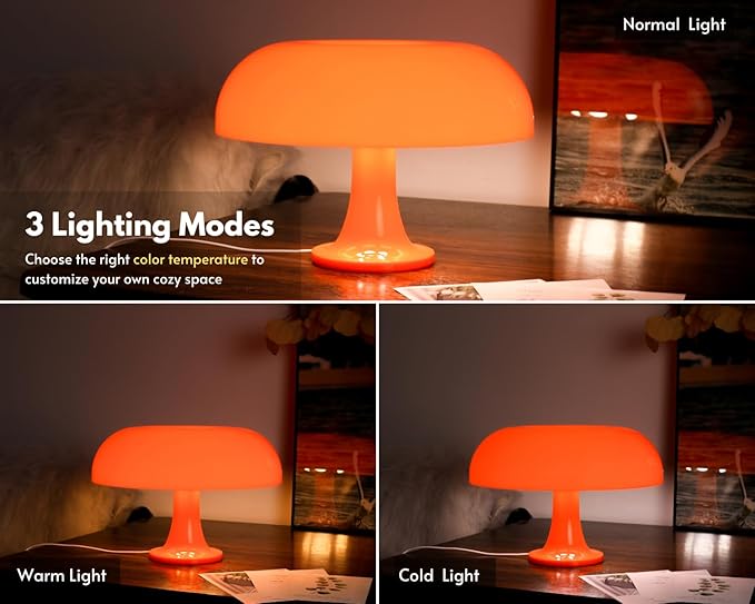 Orange Mushroom Lamp, Mushroom Shaped Donut Lamp with 3 Lighting Modes, 70s Retro Mid Century Modern Light for Bedroom, Dimmable Funky Unique Light Cool Home Decor Aesthetic - Bloomnest