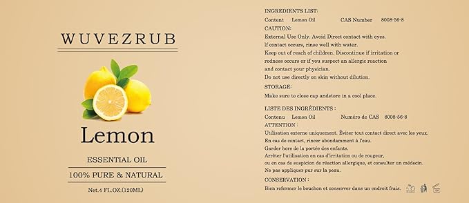 Lemon Essential Oils 120ML, 100% Pure and Natural Essential Oil for Aromatherapy Diffuser - 4 Fl Oz/Lemon WUVEZRUB