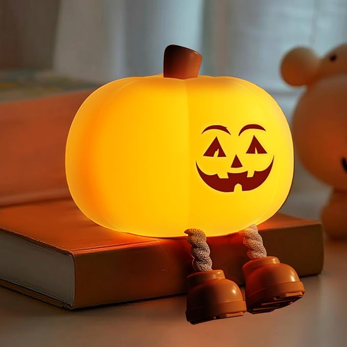 Pumpkin Night Light for Kids Cute Jack O Lantern Halloween Decor Nightlight for Baby Nursery Toddler Squishy Pumpkin Lights Cordless Rechargeable Dimmable Silicone Bedside Lamp Halloween Gifts - Bloomnest