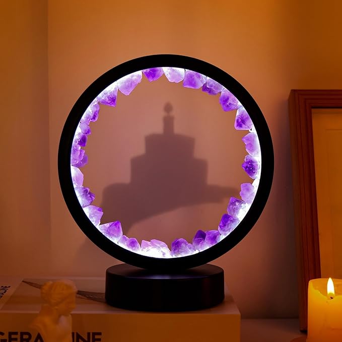 Runyangshi Amethyst Tooth Night Lamp 8.6" Natural Healing Crystal Bedside Lamp USB Port 3 Colours Dimming Mode Bedroom Lamp Suitable Night Light Ideal Gift - Bloomnest