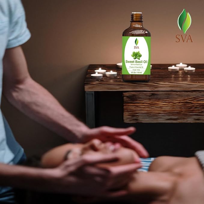 SVA Sweet Basil Essential Oil – 4 Fl Oz – 100% Natural Basil Oil - for Diffuser, Hair Care, Face, Skin Care, Aromatherapy, Scalp and Body Massage, Soap and Candle Making – with Dropper - Bloomnest