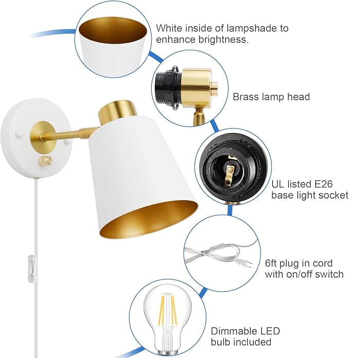 Plug in Wall Sconces, Dimmable Wall Sconces Adjustable Wall Lights with Plug in Cord and Dimmer On/Off Knob Switch, White Wall Mounted Light for Bedroom Bedside Stairway(2 Pack, 2 Bulbs) - Bloomnest