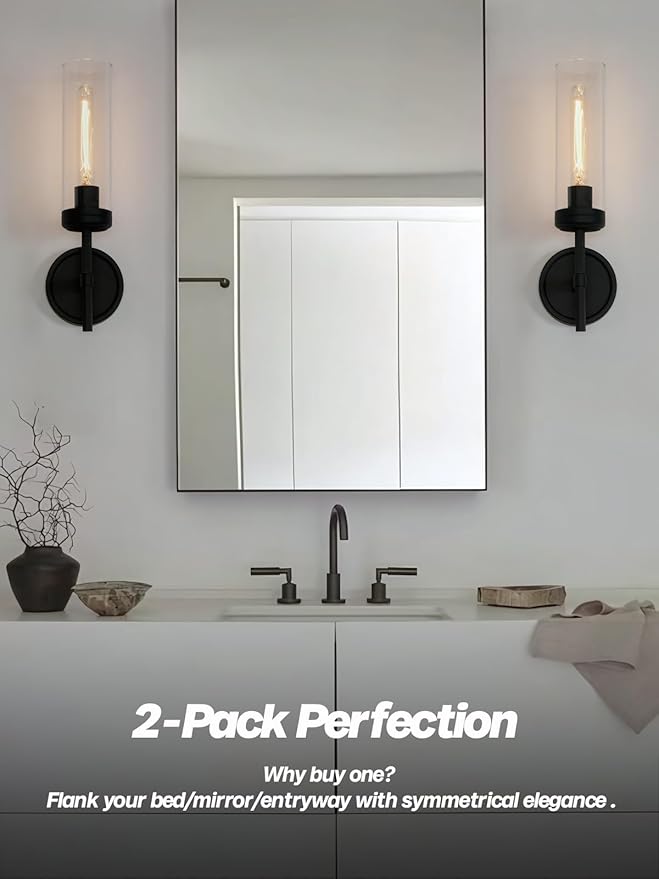 Modern Wall Sconces Set of Two, Black Bathroom Vanity Light with Handblown Clear Glass Hardwired Wall Sconce Light for Bathroom Mirror Bedroom Livingroom Hallway Indoor - Bloomnest