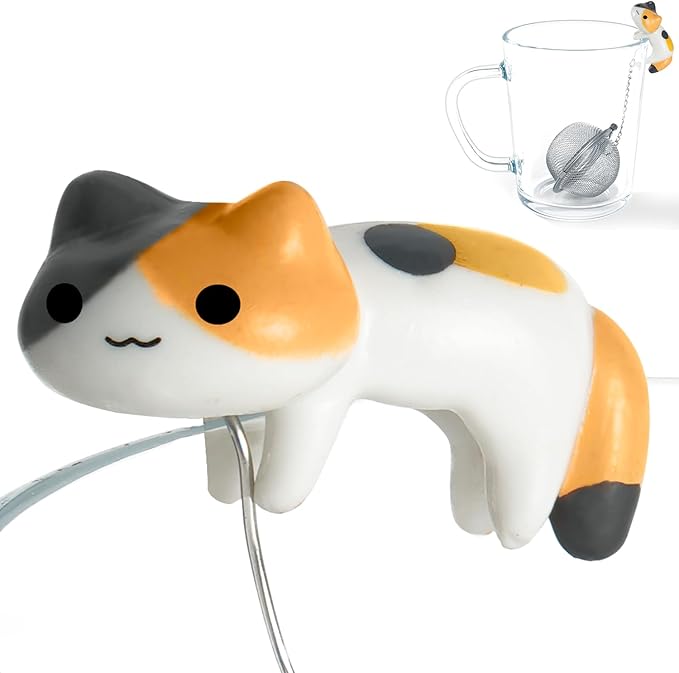 Calico Cat Tea Infuser Set - Adorable Tricolor Kitty Hook, Fine Mesh Loose Leaf Tea Steeper, Stainless Steel, No Mess, 1 Pack (Cat Lazily Sprawled on the Cup)