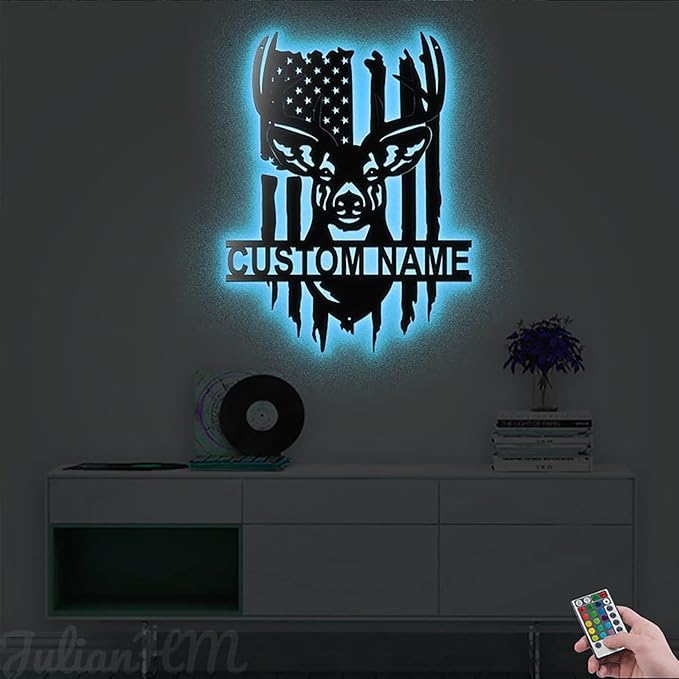 Lovely POD Personalized Hunting Metal sign, Hunting Art, Custom US Deer Hunting Metal Wall Art With Led Lights, Personalized Hunter Name Sign Decoration For Room, Buck Head Deer Outdoor Home Decor - Bloomnest