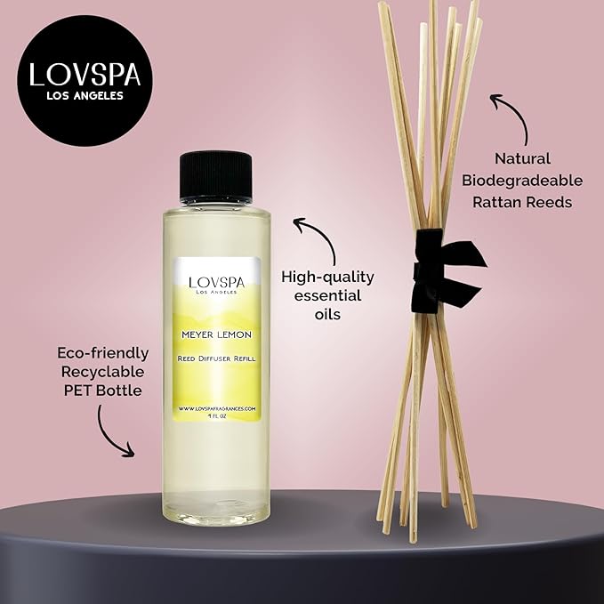 LOVSPA Meyer Lemon Diffuser Oil - Luxury Essential Oils for Diffuser Refill & Air Freshener Room Spray - Long-Lasting & Natural Home Fragrance, Scented Oil for Diffusers, USA Made, 4oz - Bloomnest