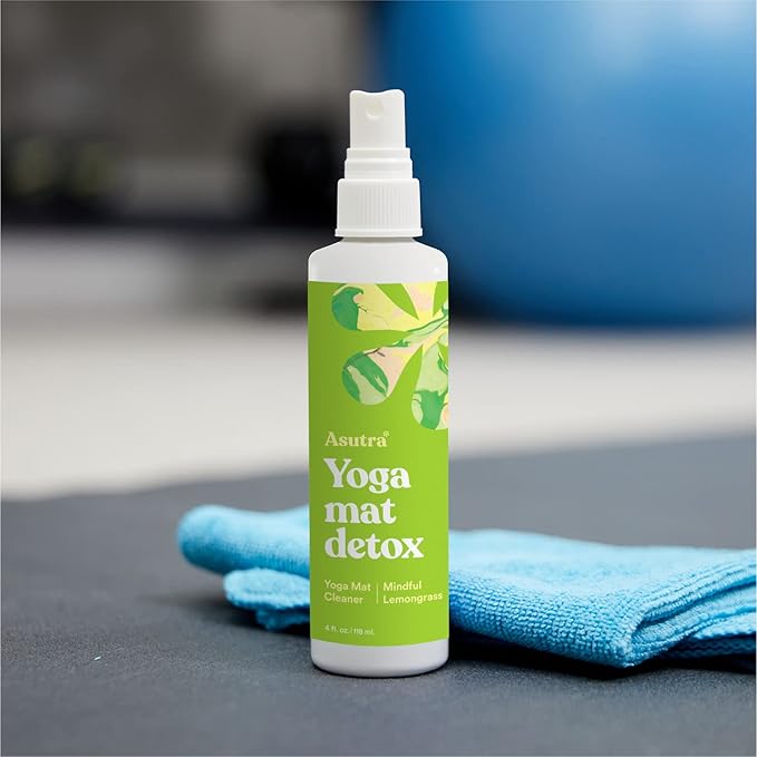 ASUTRA Yoga Mat Cleaner Spray (Mindful Lemongrass), 4 fl oz - No Slippery Residue, Organic Essential Oils Deep-Cleansing for Fitness Gear & Gym Equipment, Microfiber Towel Included - Bloomnest