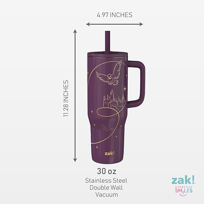 Zak Designs Harry Potter Sutton Travel Tumbler for On the Go, 30oz Stainless Steel with Vacuum Insulation, Silicone Straw, and Carry Handle for Cold Drinks (Hogwarts) - Bloomnest