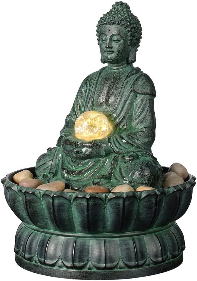 Indoor Tabletop Fountain Buddha Exquisite Sitting Meditation Statue, Desk-Top Water Fountain Decorative Zen Fountain w/Glass Rolling Ball/LED/Stone for Office/Home/feng Shui Decor 9.4" - Bloomnest