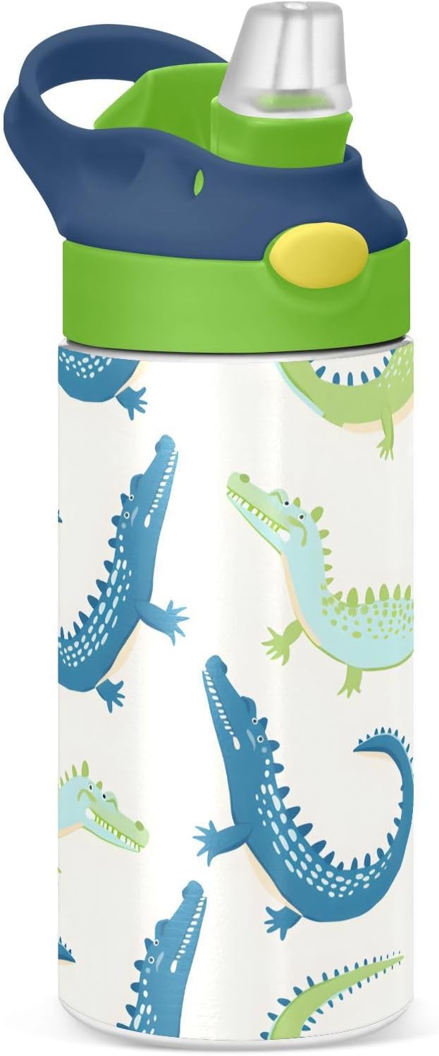 Alligator White Pattern Kids Water Bottle with Straw Lid Insulated Tumbler with Handle Stainless Steel Reusable Toddlers Cup for Kids Boys 12 oz - Bloomnest