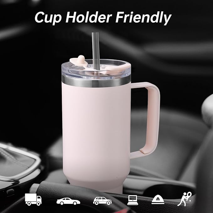 COKTIK 40 oz Tumbler With Handle and Straw Lid, Vacuum Insulated Travel Coffee Mug Stainless Steel Insulated Cup for Beverages, Leak-proof, Cupholder Friendly (Rose Quartz) - Bloomnest