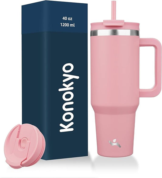 40 oz Tumbler with Handle and 2 Straws,2 in 1 Lid Insulated Water Bottle Stainless Steel Travel Coffee Mug,Pink - Bloomnest