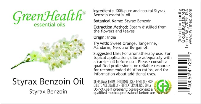 GreenHealth Styrax Benzoin Oil – 100% Pure Aromatherapy Grade – 4 fl oz – Thick Resinous Oil for Diffusers, Candles, Incense, DIY Blends – Amber Glass Bottle