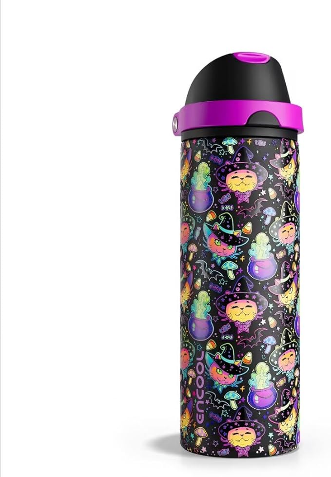 Insulated Water Bottle with Straw - Encool Stainless Steel Water Bottle with Push Button Lid, Leak-Proof & BPA-Free, Keeps Cold for 24 Hours for Sports, Travel, Gym (24 oz, Meowgic Night) ENCOOL