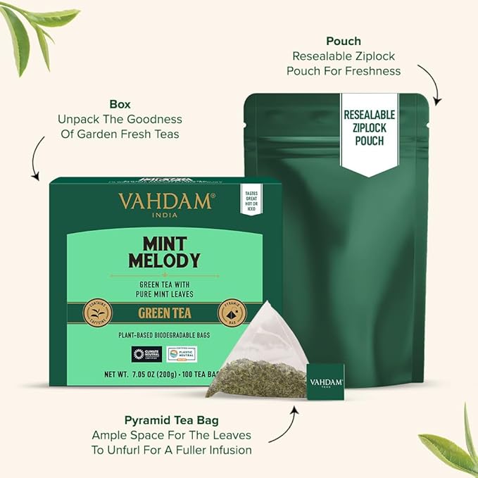 VAHDAM, Mint Green Tea Bags (100 Count) 100% Pure Leaf Tea, High Grown, Low Caffeine, Non GMO, Gluten Free | Plant-Based Pyramid Tea Bags | Direct from Source - Bloomnest