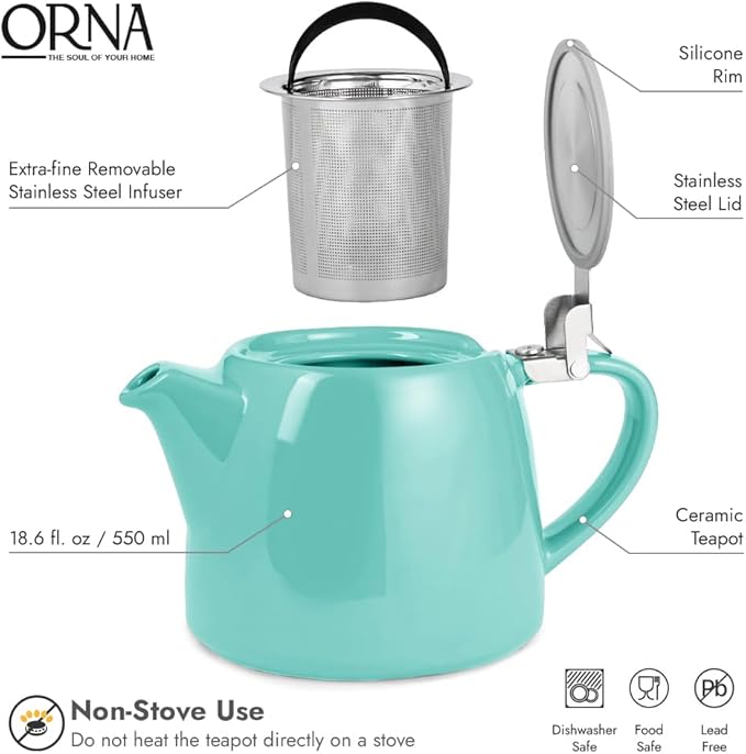 ORNA Ceramic Teapot with Tea Infuser – Small Tea Pot for Loose Leaf Tea – 550ml / 18.6 Oz Non-Stove Porcelain Teapot for 2 Cups with Tea Strainer (Turquoise) - Bloomnest