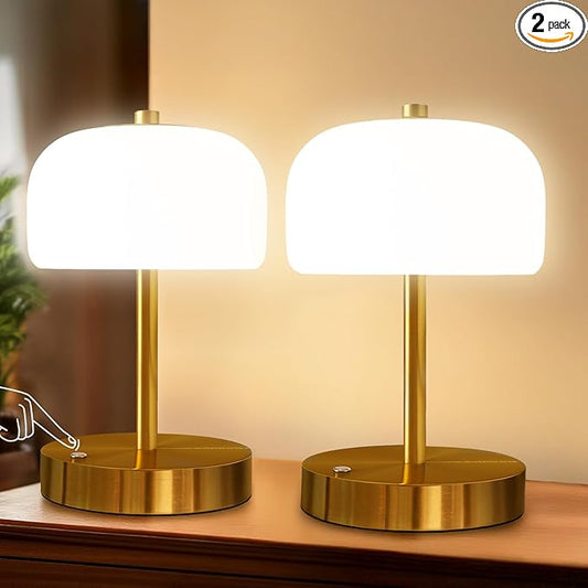 Oneach 9" Cordless Table Lamps Set of 2, Gold Rechargeable Battery Operated Lamp, 3-Way Stepless Dimming Touch Mushroom Lamps, Small Glass Nightlight for Bedroom Dining Table Living Room Shelf Decor - Bloomnest