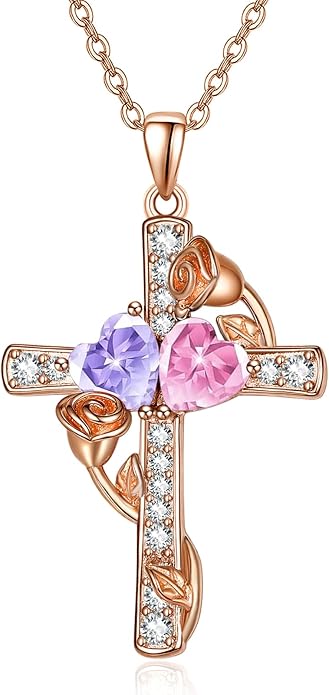 Rose Gold Dual Birthstones Cross Necklace for Women Rose Flower Jewelry Anniversary Christmas Mother's Valentine's Day Birthday Gift for Wife Girlfriend Mom - Bloomnest