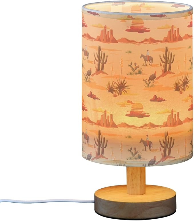 Table Lamp Vintage Desert Sunset Pattern Cactus Mountain Cowboy Horse Turkey Nightstand Lamp with Wood Base Fabric Lamp Shade Bedside Desk Lamp for Living Room Bedroom Kids Room Office - Bloomnest