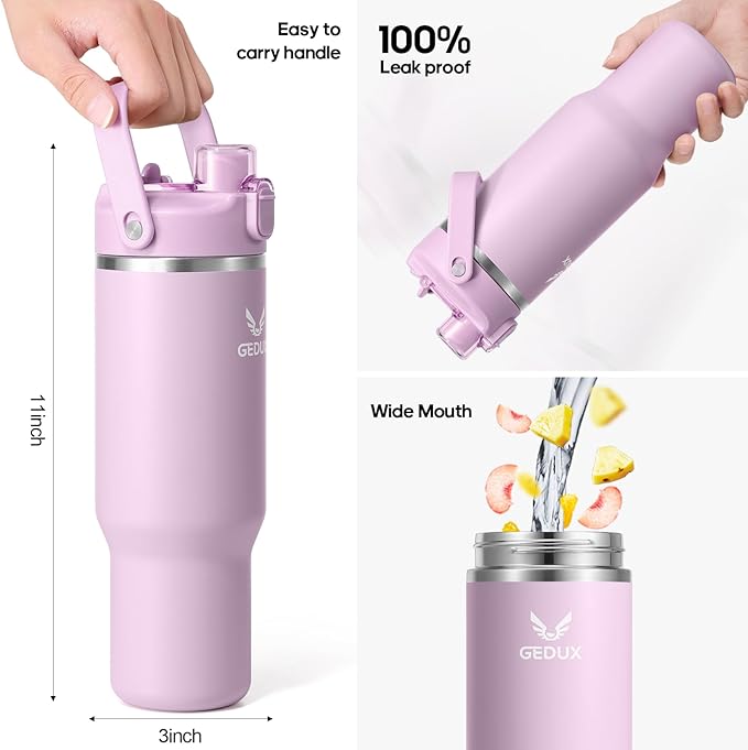 32 oz Stainless Steel Tumbler with Handle and Straw, Vacuum Insulated Water Bottle with 2-in-1 Lid (Chug/Straw) and Silicone Boot，Keeps Drinks Hot and Cold - Bloomnest