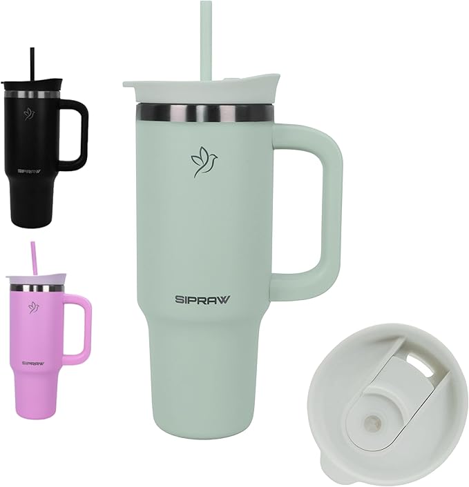 Tumbler with Handle, Insulated Tumbler with Lid and Straw, Stainless Steel Travel Coffee Mug, Cup Holder Friendly, Perfect for Camping, Travelling & Gifting, 30oz, Pastel green - Bloomnest
