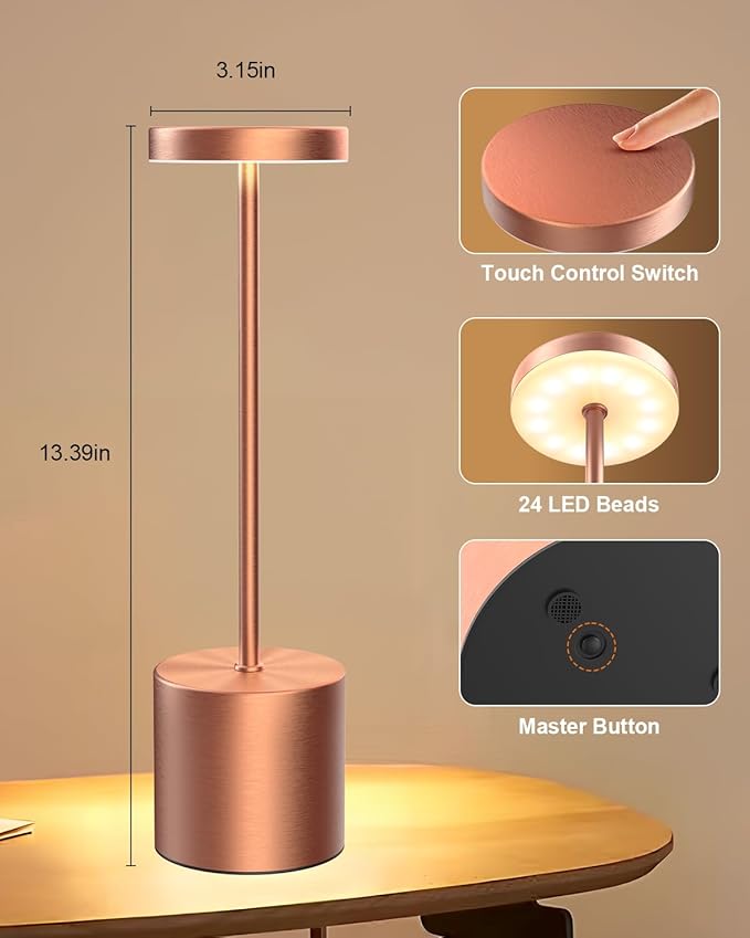 Cordless Table Lamps Rechargeable, Portable LED Desk Lamp, 5000mAh Battery Powered Wireless Table Light - 3 Color Dimmable Lighting for Restaurant Dining Patio Outdoor Bedroom(Rose Gold) - Bloomnest